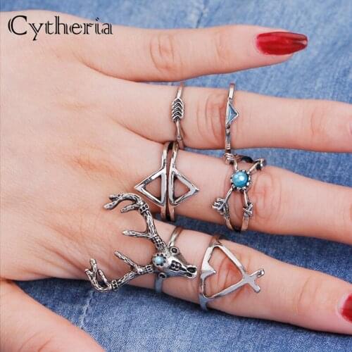 Vintage rings set buck arrow cross the Bullseye Ring women crystal Knuckle Double layer Tibetan wide anillo Triangle Ring Set