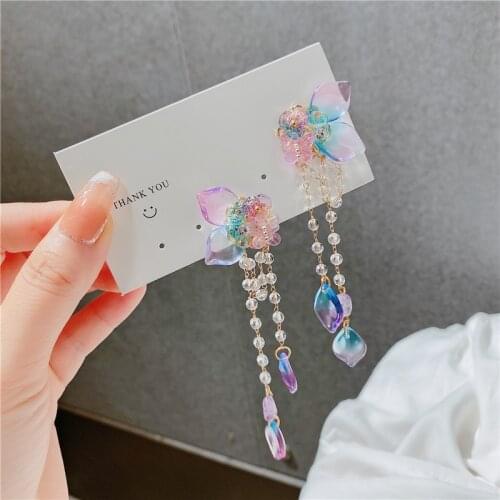 Korean Luxury Pink Flower Rhinestone Butterfly Crystal Long Dangle Earrings For Women Girls Fashion Party Jewelry