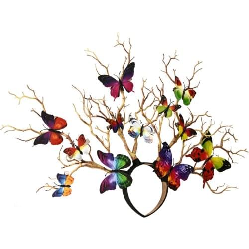 Lolita Butterflies Headdress Deer Horn Tree Branches Headband Gothic Wedding Cosplay Halloween X-mas Headpiece Accessories