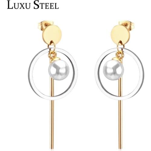LUXUSTEEL Circle With Round Imitation Pearl Drop Earring Stainless Steel Push Back Earring Fashion Jewelry Wholesale Gift
