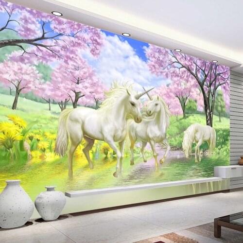 Custom 3D Mural Wallpaper Unicorn Dream Cherry Blossom TV Background Wall Pictures For Kids Room Bedroom Living Room Wallpaper