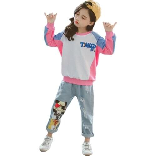 New Arrival 2019 Children Sports Suits for girls Human avatar Sweatshirt + jean Clothing Set Fall Winter girls Tracksuit