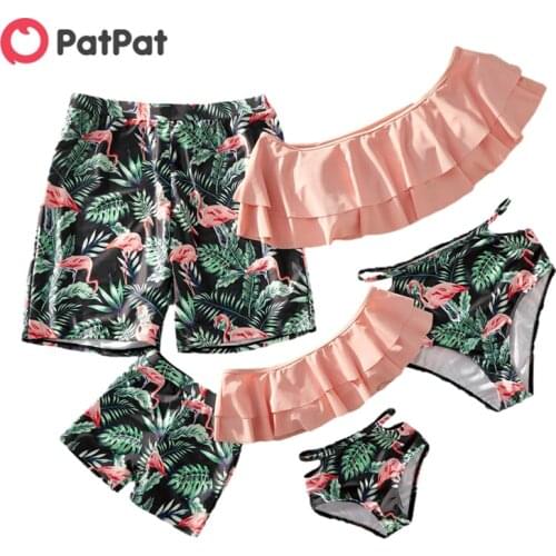 PatPat New Arrival 2021 Summer Off-shoulder Flounce Flamingo Print Family Matching Swimsuits Family Look