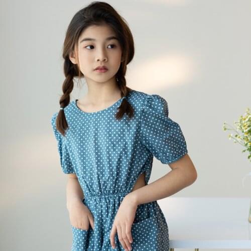 Korean Girls Dress 2021 Summer New Lantern Sleeve Blue Dot Square Collar Pockets Kids Cotton Dress Teen Children Clothes,#6173