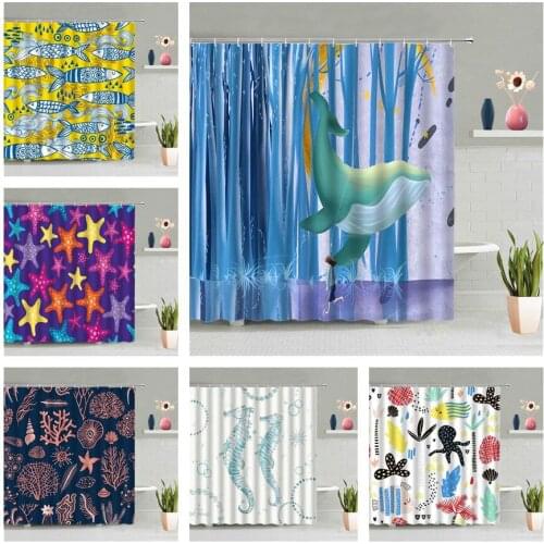 Fish Whale Shower Curtain Starfish Conch Shell Hippocampus Sea Turtle Coral Cake Ice Cream Children Bathroom Waterproof Decor