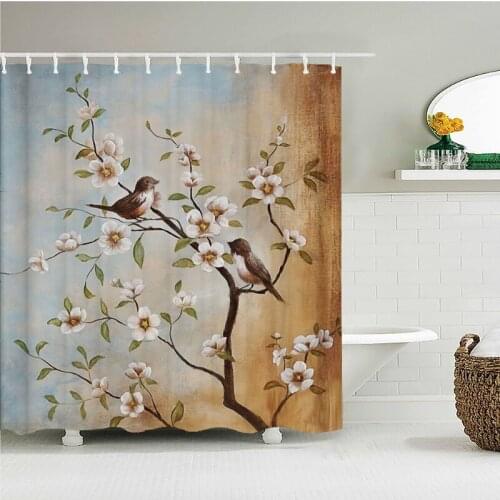 3d Printing Chinese Flower and Bird Ink Landscape Shower Curtain Bathroom Waterproof Shower Curtain with Hook Washable