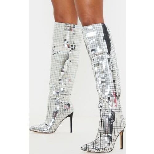 Fashion Mirror Sequin Knee High Boots Women Super High Heels Long Boots Pointed Toe Autumn Winter Ladies Shoes Black Silver