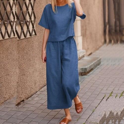 2021 Summer Casual Cotton Linen Women Two Piece Set Fashion O Neck Short Sleeve Tops + Wide Leg Pants Suits Solid Loose Outfits
