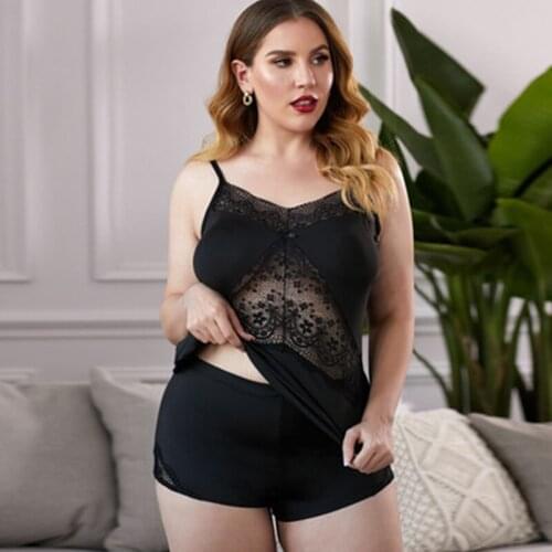Womens Plus Size Lace Splicing Sexy Pajamas Set Camisole And Shorts 2 Pieces Sets Female Sleep Wear Night Loungewear 5xl