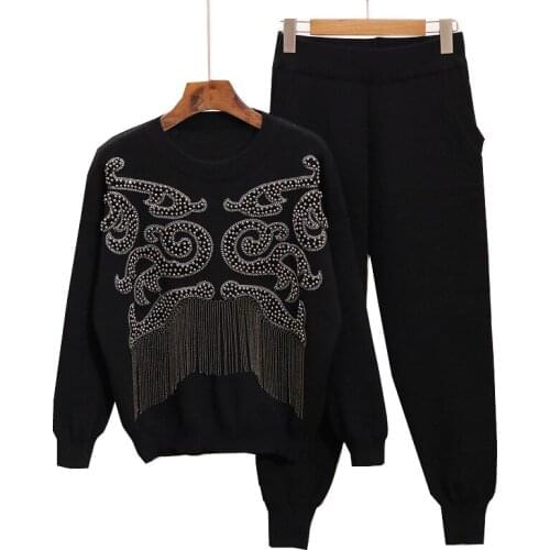 Women Winter Tassel Sweaters Pants Set Handmade Pearls Long Sleeve Knitted Pullover Tops Trousers 2PCS Suits RE2475