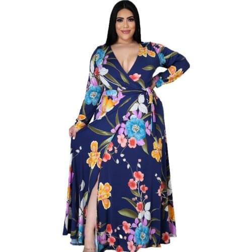Womens Blue Print Maxi Dress 2021 Summer New Fashion Sexy Cardigan Dress African Casual High-waisted Strappy Plus-size Dress