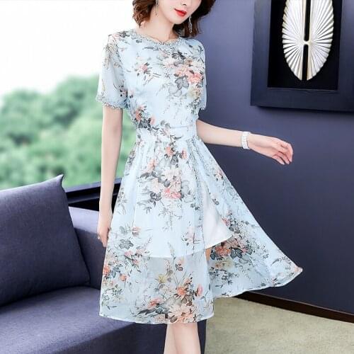 Summer Flower Print Lace Chiffon Dress Women Fashion Office Ladies OL Work Dress Women Elegant Midi Dress