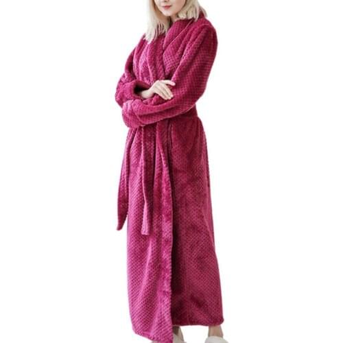 Winter Fashion Women Bathrobes Solid Color Thicken Plush Long Sleeve Thermal Bathrobe Sleepwear Grid Warm Dressing Gown Robes