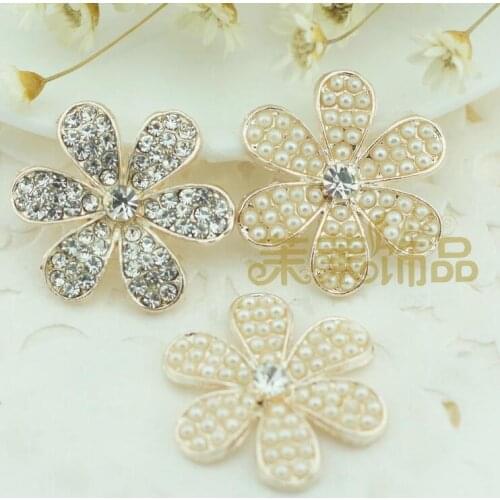 10 Pieces 25mm Home DIY Flower Vintage Plated Alloy Flatback Crystal Rhinestone Pearl Button For Baby Girl Jewelry Accessory