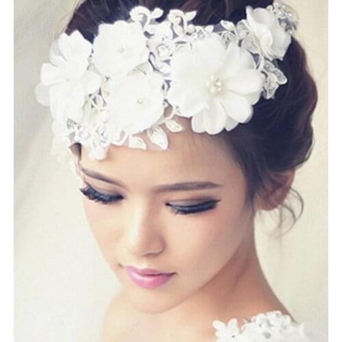 3D Flower Faux Pearl Inlaid Lace Bridal Headband Tiara Wedding Headwear Decor Party Holiday DIY Decorations