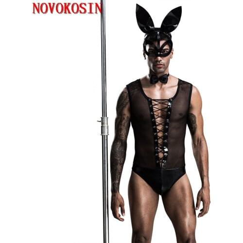 2020 4 Pieces Faux Leather Front Bandage Rabbit Ear Facepiece Tail Set Costume Cosplay PU Night Club Top Transparent Bodysuit