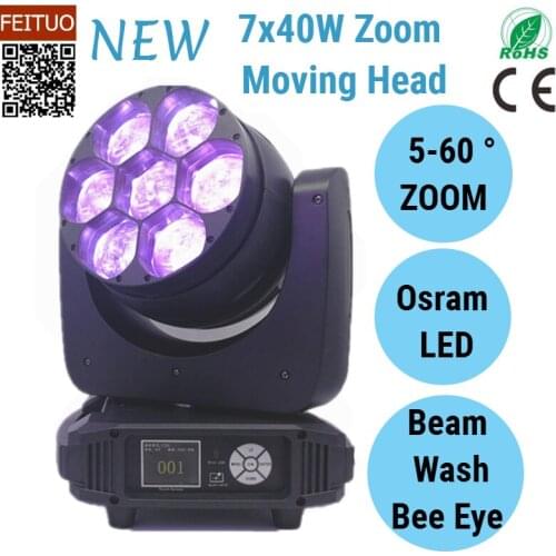 Free shipping 8pcs/lot 7x40w LED Zoom Moving Head Light Bee Eye Stage Effects RGBW 4IN1 Wash Light Disco Party DJ Lights