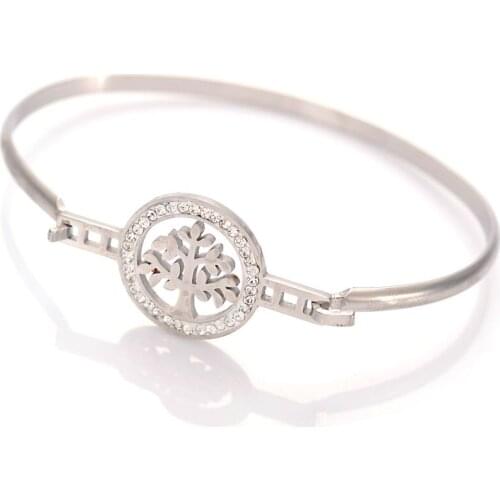 Wholesale Luxury Life Tree Crystal Setting Circle Stainless Steel Bracelet & Bangle Crystal Charm Women Birthday Gift Bijouterie