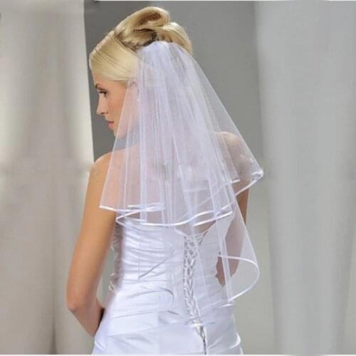 Women Wedding Veil Two Layers Tulle Ribbon Edge Bridal Veils With Short White Ivory Veil For Wedding Accessories Good Quality