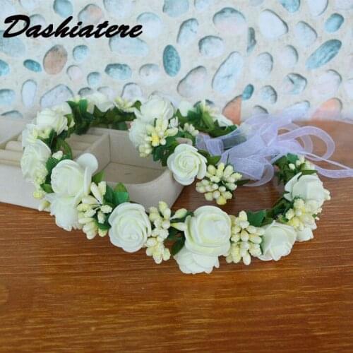 Wedding Flower Girl Garland for Head Decoration Graduation Headwear Children Ivory Beige PE Rose Headband and Wrist Flowers Set