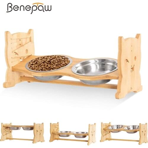 Benepaw Quality Adjustable Elevated Stand Bowls for Dogs Bamboo Framed Anti-Slip Stainless Steel Pet Bowls Puppy Cat Feed