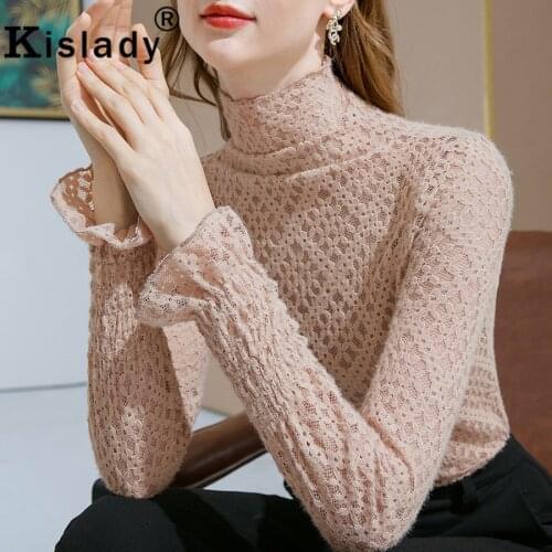 Kislady Transparent Lace Tops Long Sleeve Gothic Shirts Floral Hollow Out Sexy Plus Size Shirts Fashion OL Turtleneck Clothes
