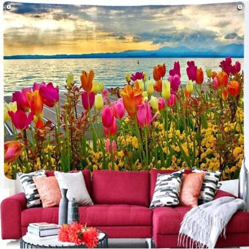 Beautiful Sea Nature Flower Large Tapestry Beach Landscape Fabric Wall Design Living Room Decoration Garden posters for outside