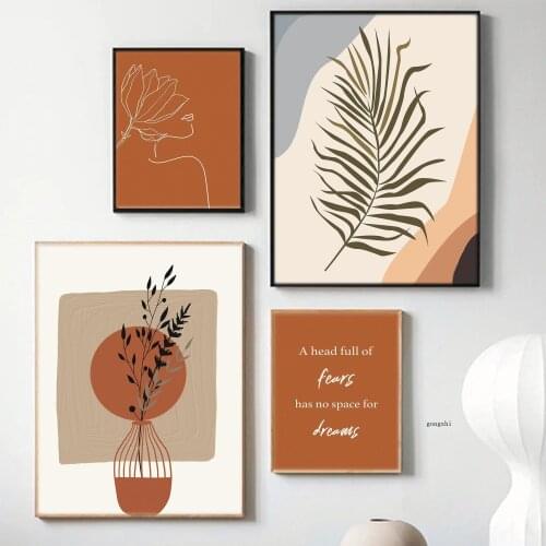 Minimalist Plant Flower One Line Drawing Posters Burnt Orange Abstract Canvas Painting Prints Boho Wall Art Pictures Home Decor