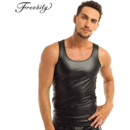 Fashion Men Sexy Fitness Tank Top Clubwear Undershirt Waistcoat Faux Leather Sleeveless Mens Bodybuilding Stringers Vest