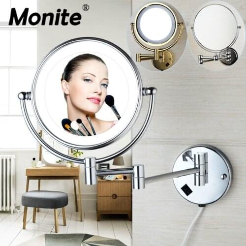 Monite Antique Chrome Brass Gold Plate Wall Mount LED Makeup Women Pocket Mirror 3X Magnifying Vanity Cosmetic Hand Mirror