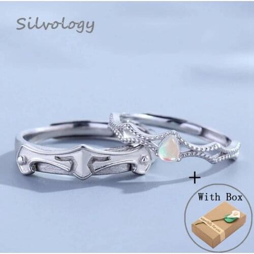 Silvology Princess And Knight Moonstone Couple Rings Original 925 Sterling Silver Wedding Rings For Women Romantic Jewelry Gift