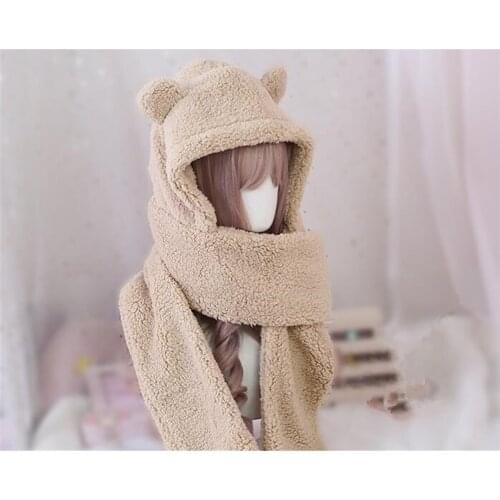 Plush Bear Ear Cap and scarf Japanese Furry Earmuffs Hat Autumn Winter Kawaii Korean Warm Students Hat B836