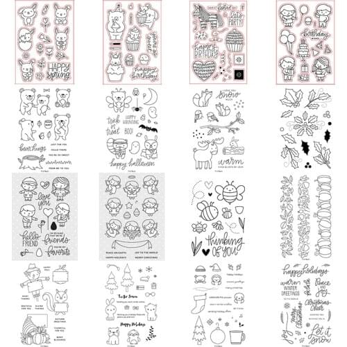 Clear Stamps 2021 New Attractive Critters Bunny Bear Elk Pig Angel Little Girl Boy Holly Pumpkin Foliage Border Various Element