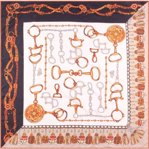 Manual Hand Rolled Twill Silk Scarf Women Tassel Chain Print Square Scarves Wraps Echarpe Curled Foulards Femme Bandana Hijabs