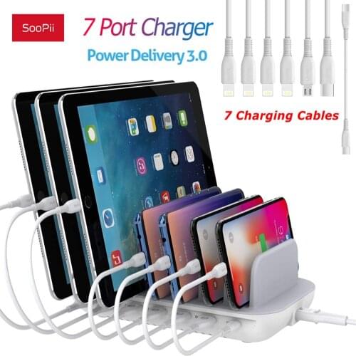 Leading Brand in US Market SooPii 70W 7-Port USB Charging Station for Multiple Devices with Power Delivery 30W 7 Cables Included