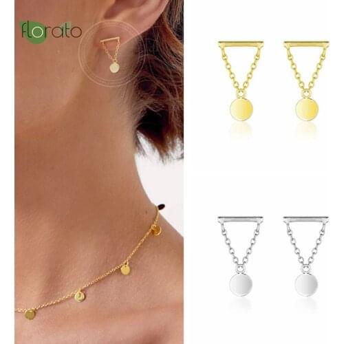 Geometric Triangle Stud Earrings for Women 925 Sterling Silver Chain Tassel Hanging Round Pendant Tiny Earrings Simple Jewelry