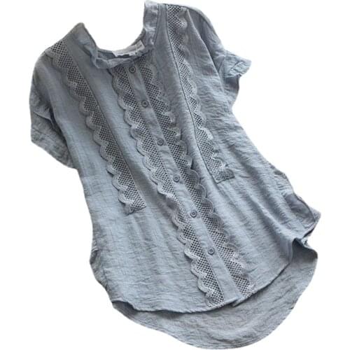 Cotton 100% Solid Women Shirts Summer Vintage 2021 Lace Patchwork Slim Short-Sleeved Elegant Female Outwear Tops