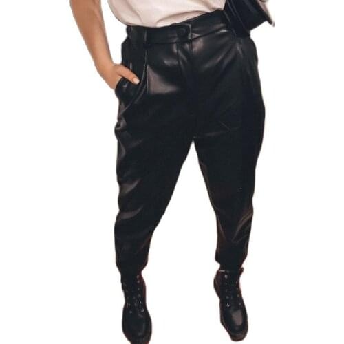 2021 Autumn Winter Women Elastic Waist Beige Faux Leather Harem Pants Lady PU Loose Oversize Trousers Elegant Pocket Streetwear