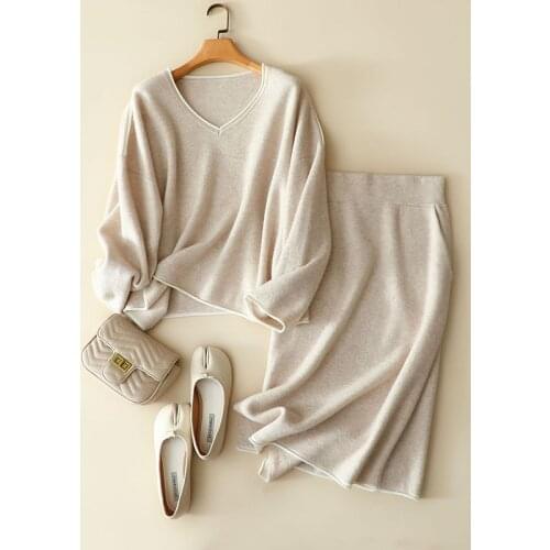 100% cashmere sweater women Autumn winter new sweater V-neck loose knit sweater high waist cashmere skirt two-piece suit