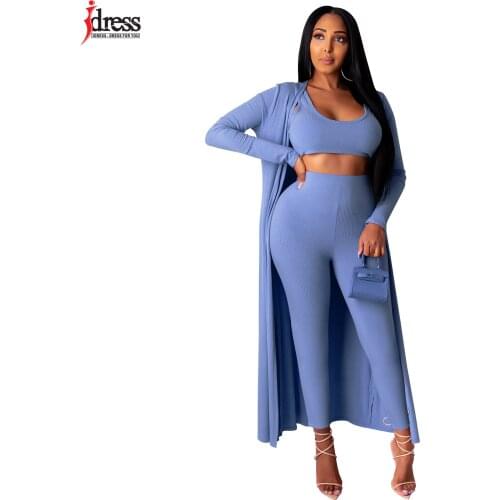 IDress Drop Shipping Women Elastic Solid Long Sleeve Three Piece Set Women Tracksuit Bodycon Crop Top Long Pants Coat Women Suit