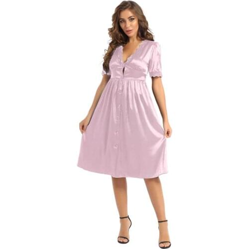 2021 Elegant Fashion Sweet Women Ice Silk Lace Dress Thin V-Neck Short-Sleeve Front Button Long Brief Dress Princess Dress