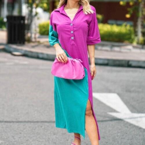 Stylish Summer Women Thin Casual Shirt Dresses Turn Down Collar Splice Lady Half Sleeve Split Mid-calf Dress for Daily Life