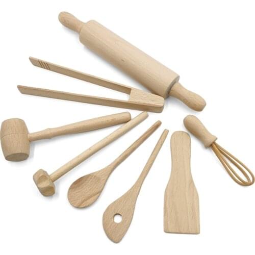8pcs Beech Wooden Kitchen Toys Baby Pretend Play Kids Kitchen Items Children Cooking Food Cookware Interactive Learning Toys