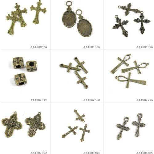 Antique Bronze Tone Jewelry Making Charms Latin Cross Jesus Grand Beads Female Oval Cabochon Setting Base Bracelet Pendant
