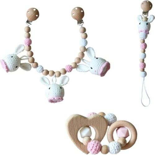 Baby Pram Stroller Hanging Pendant Rattle Pacifier Chain Clip Infants Wooden Teether Bracelet Nursing Chewing Toys