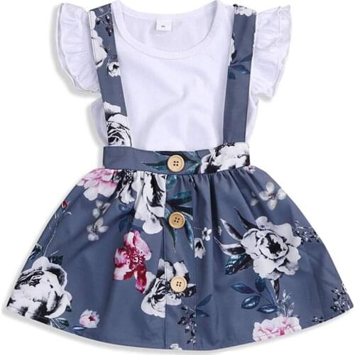 Baby Girls Skirts Set Ruffle Romper +Floral Overall Dress Button Strap Tutu Skirts Birthday Suspender Outfits