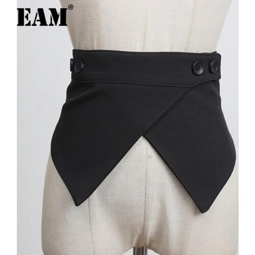 [EAM] Black Button Irregular Split Joint Wide Belt Personality Women New Fashion Tide All-match Spring Autumn 2021 1DC768