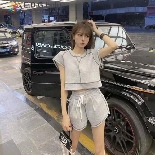 EDGLuLu Grey O Neck Short-sleeved Top Shirt + Drawstring Shorts Clothes Casual Summer Sets For Women 2021 Shorts Set 0417