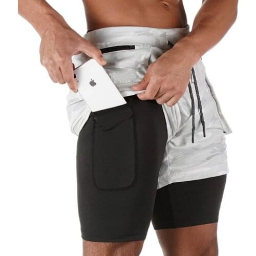 Double layer Jogger Shorts Men 2 in 1 Short Pants Gyms Fitness Built-in pocket Bermuda Quick Dry Beach Shorts Male Sweatpants