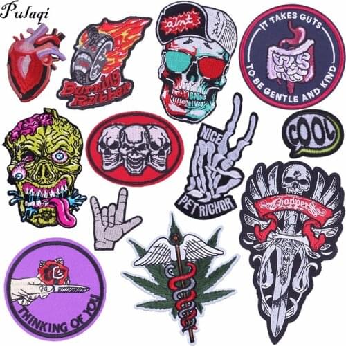 Pulaqi Punk Badges New Eco-friendly Iron-on Patches Embroidered Sewing For Clothes Biker Eagle Skull Apparel DIY Hat H